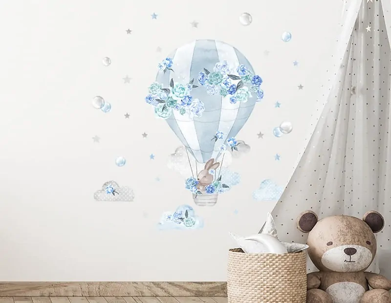 Samolepky na zeď - Látající balón s králíčkem, modrý set