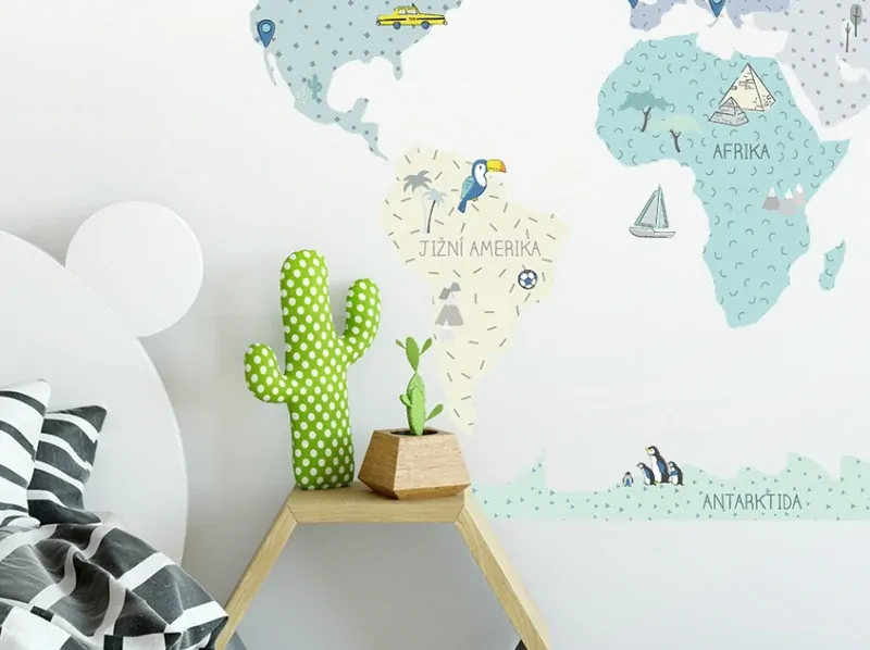 Samolepky na zeď - Mapa světa - mátová, velikost M (130 x 85 cm)