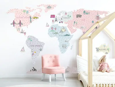 Samolepky na zeď - Mapa světa - růžová, velikost M (130 x 85 cm)