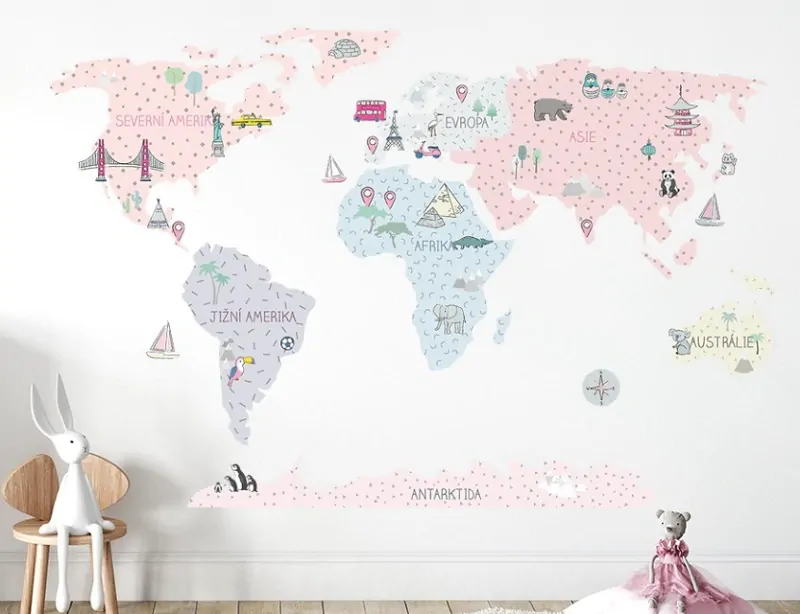Samolepky na zeď - Mapa světa - růžová, velikost L (180 x 120 cm)