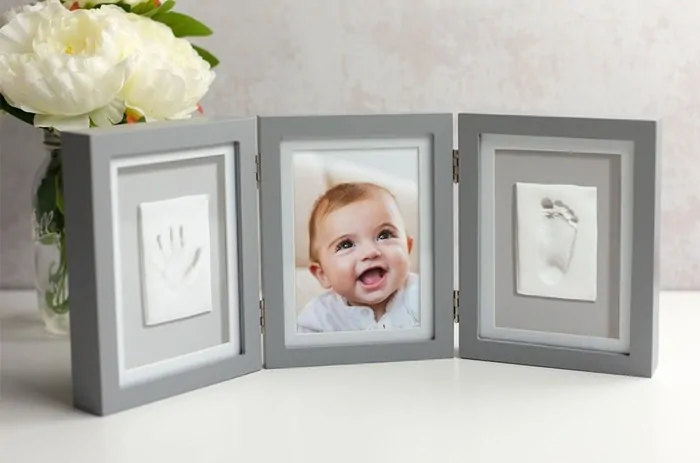 Pearhead - Luxusní fotorámeček + 3D otisk, šedý rám a oboustranný podklad růžový/blankytný