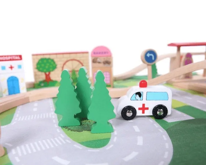EcoToys - Dřevěná vláčkodráha 50 ks + podložka
