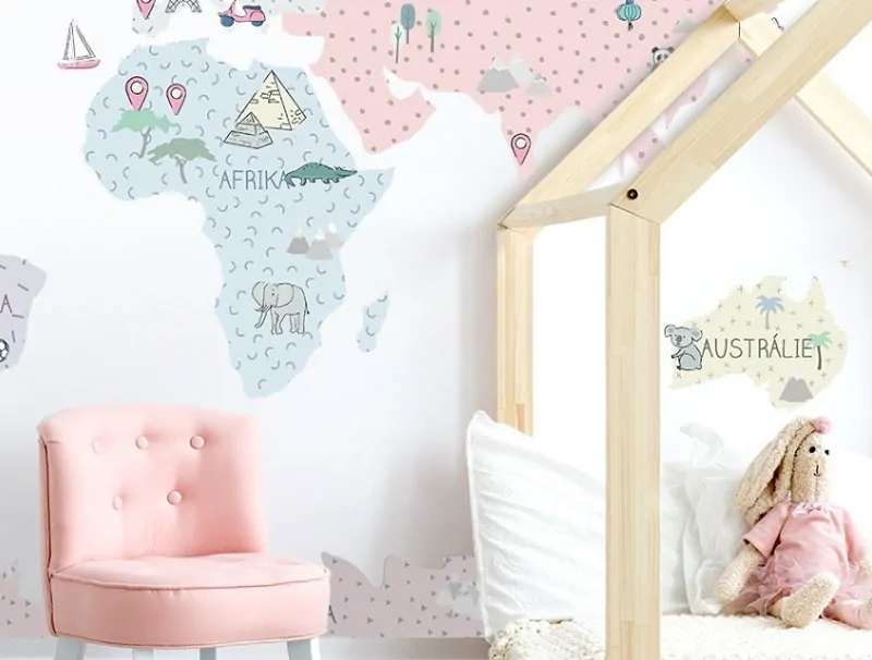 Samolepky na zeď - Mapa světa - růžová, velikost M (130 x 85 cm)