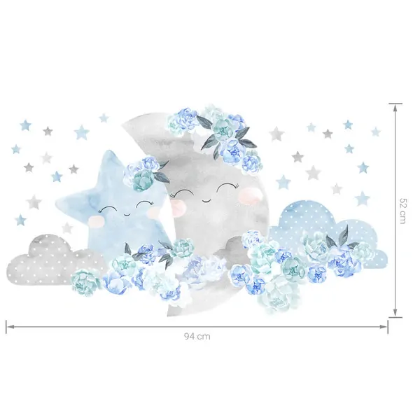 Samolepky na zeď - Měsíc s obláčky a pivoňkami, světle modrý