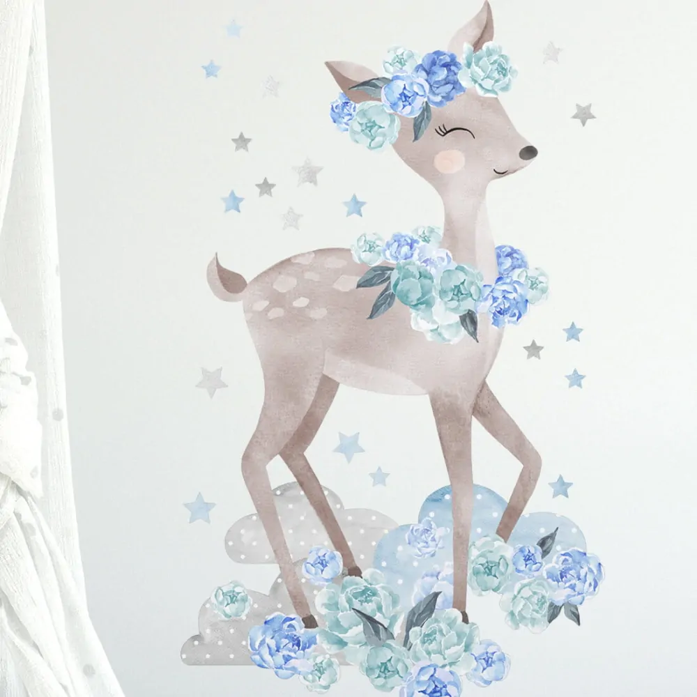 Samolepky na zeď - Srnka s pivoňkami, světle modrá