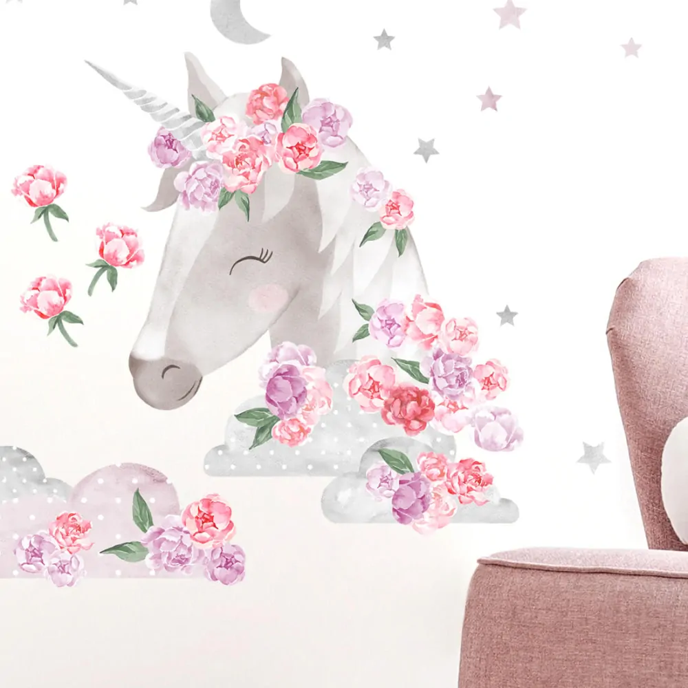 Samolepka na zeď - Unicorn s pivoňkami a hvězdami, 53 x 90 cm, růžový
