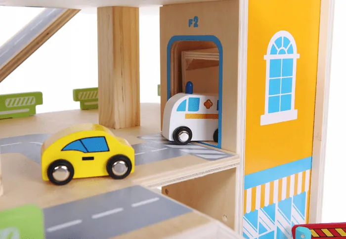 Dřevěná garáž s výtahem + auta EcoToys