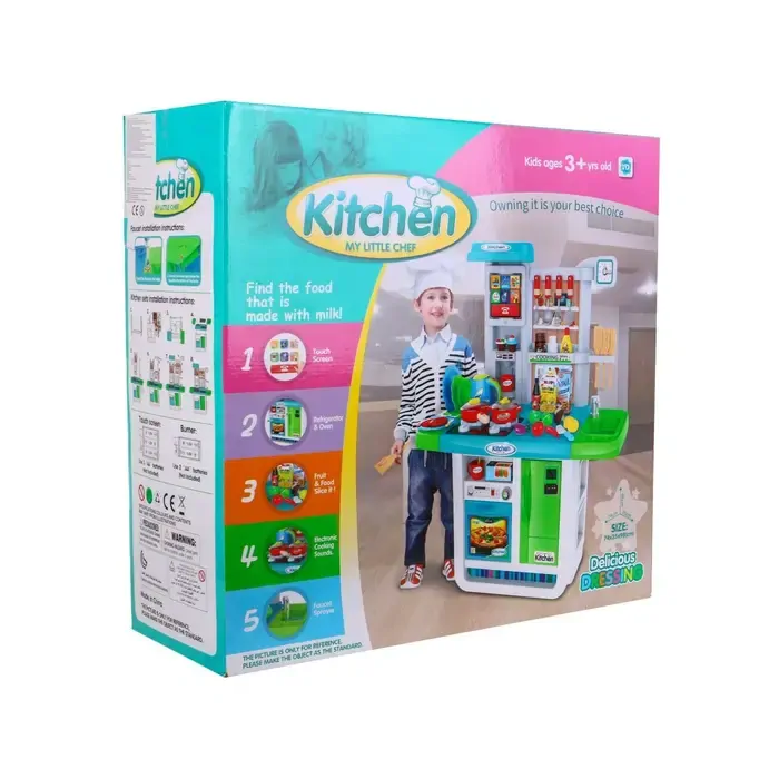 Velká interaktivní kuchyň s tekoucí vodou, lednicí a doplňky - modrá