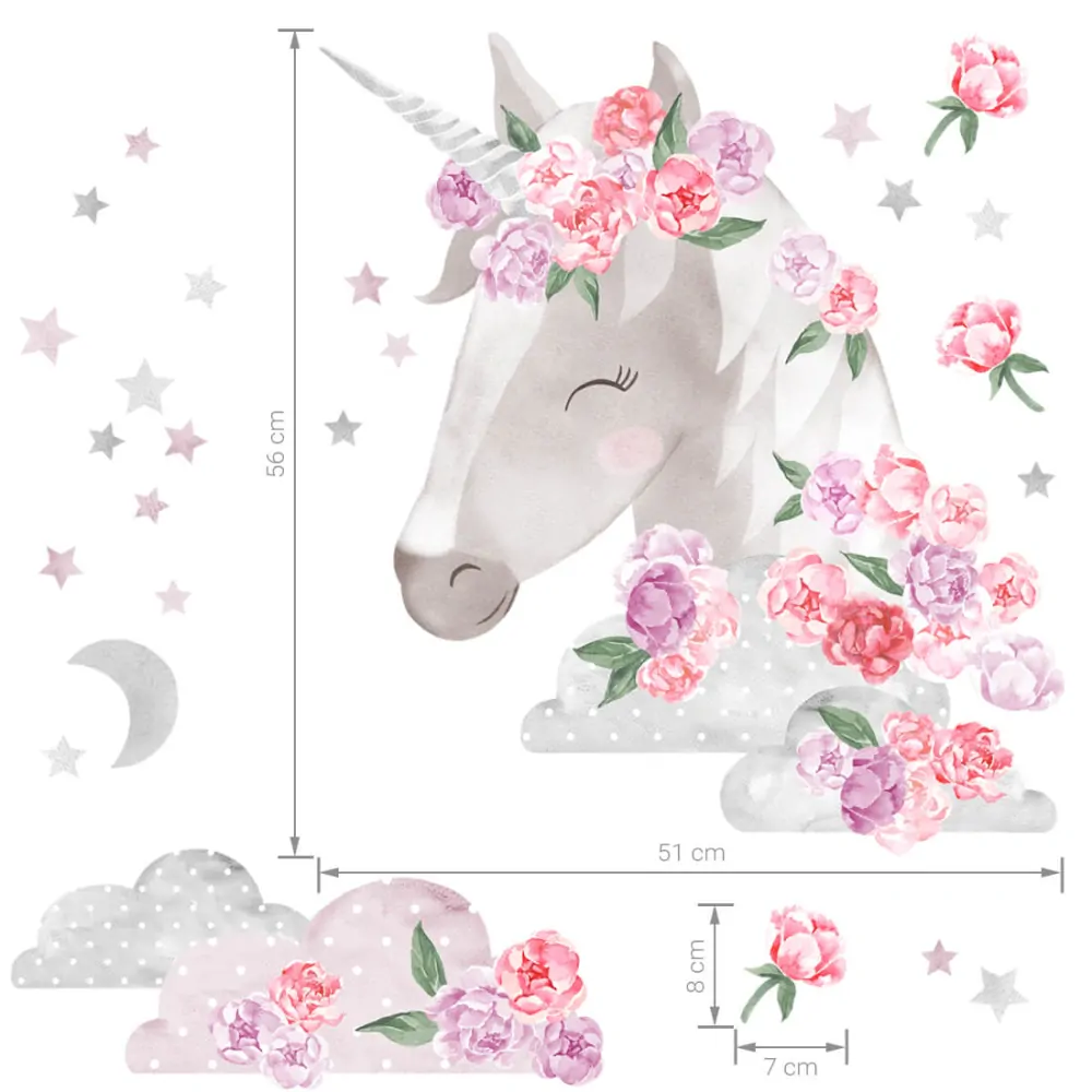 Samolepka na zeď - Unicorn s pivoňkami a hvězdami, 53 x 90 cm, růžový